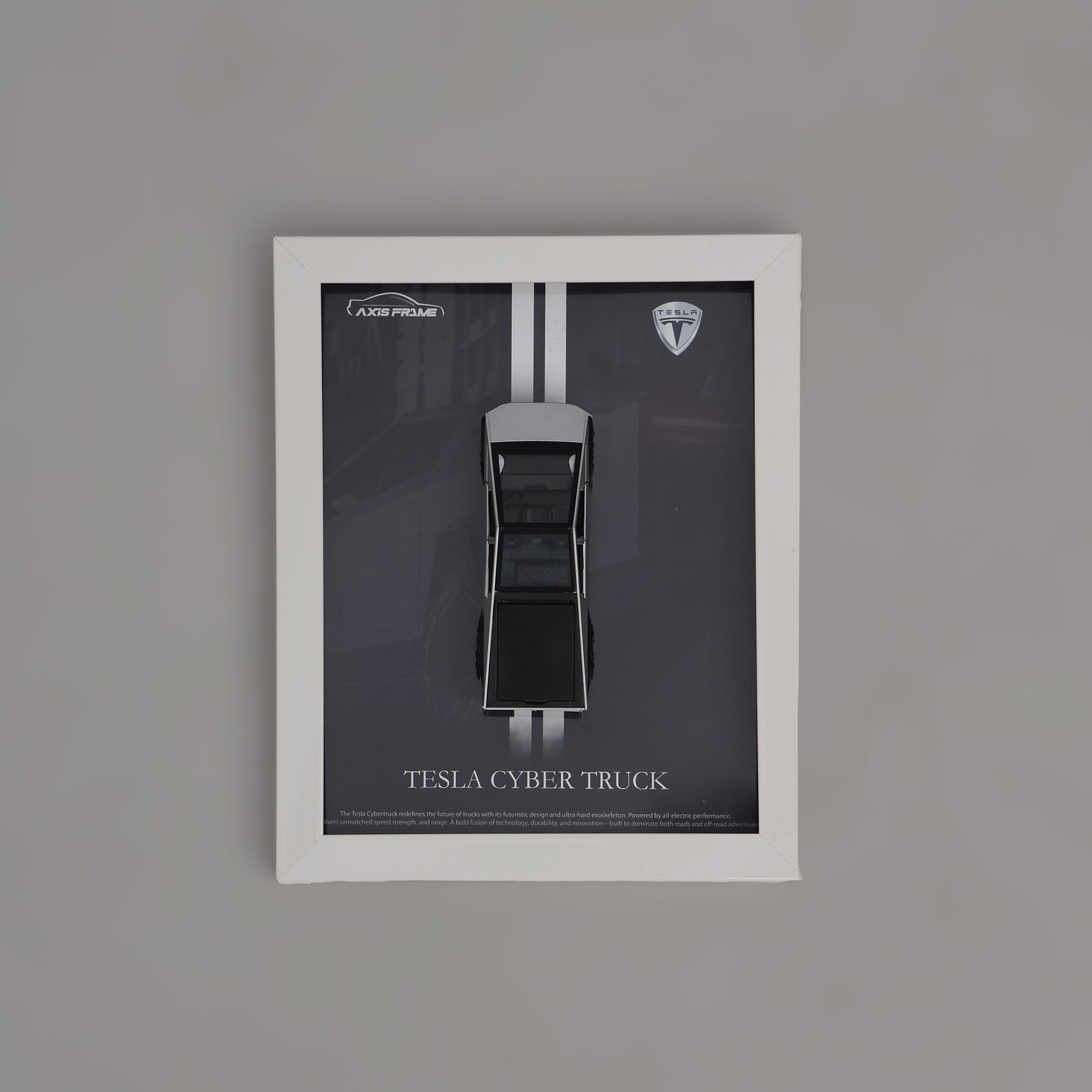 Framed poster of Tesla Cybertruck on a gray background