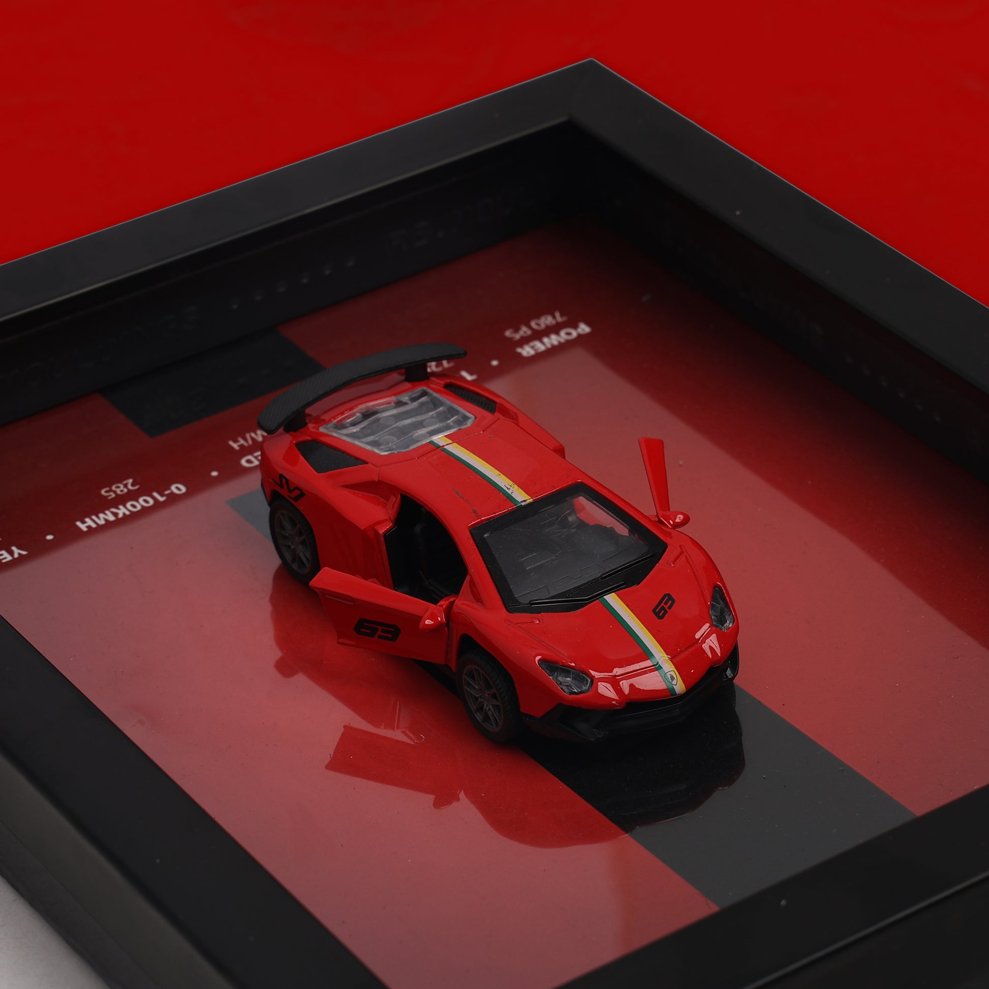 Red toy car on a digital display with a red background in the frame
