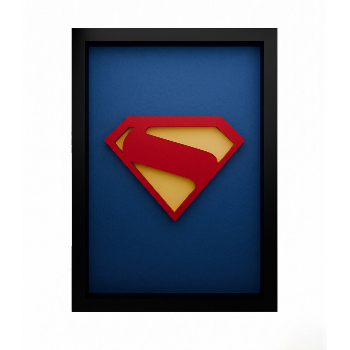 Premium Superman 3D frame with red and yellow emblem on blue background and black shadow box frame