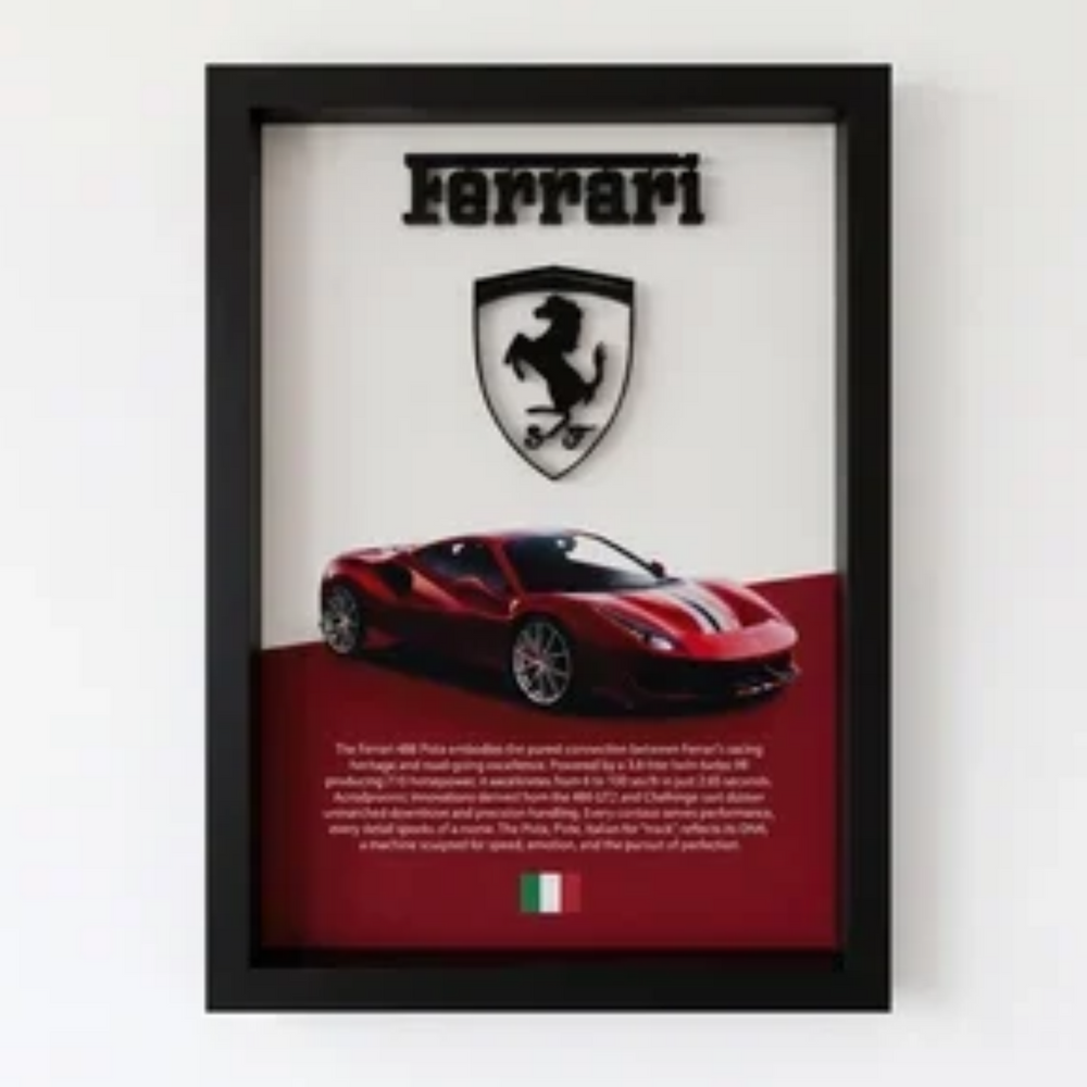 Premium Ferrari 488 Pista 3D wall frame with Ferrari emblem, red sports car and black shadow box frame