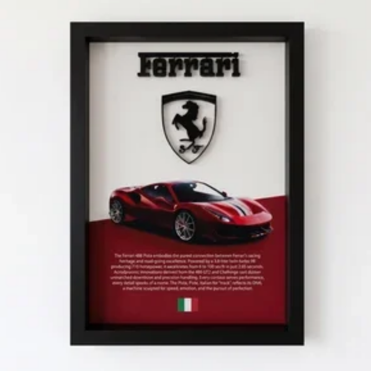 Premium Ferrari 488 Pista 3D wall frame with Ferrari emblem, red sports car and black shadow box frame