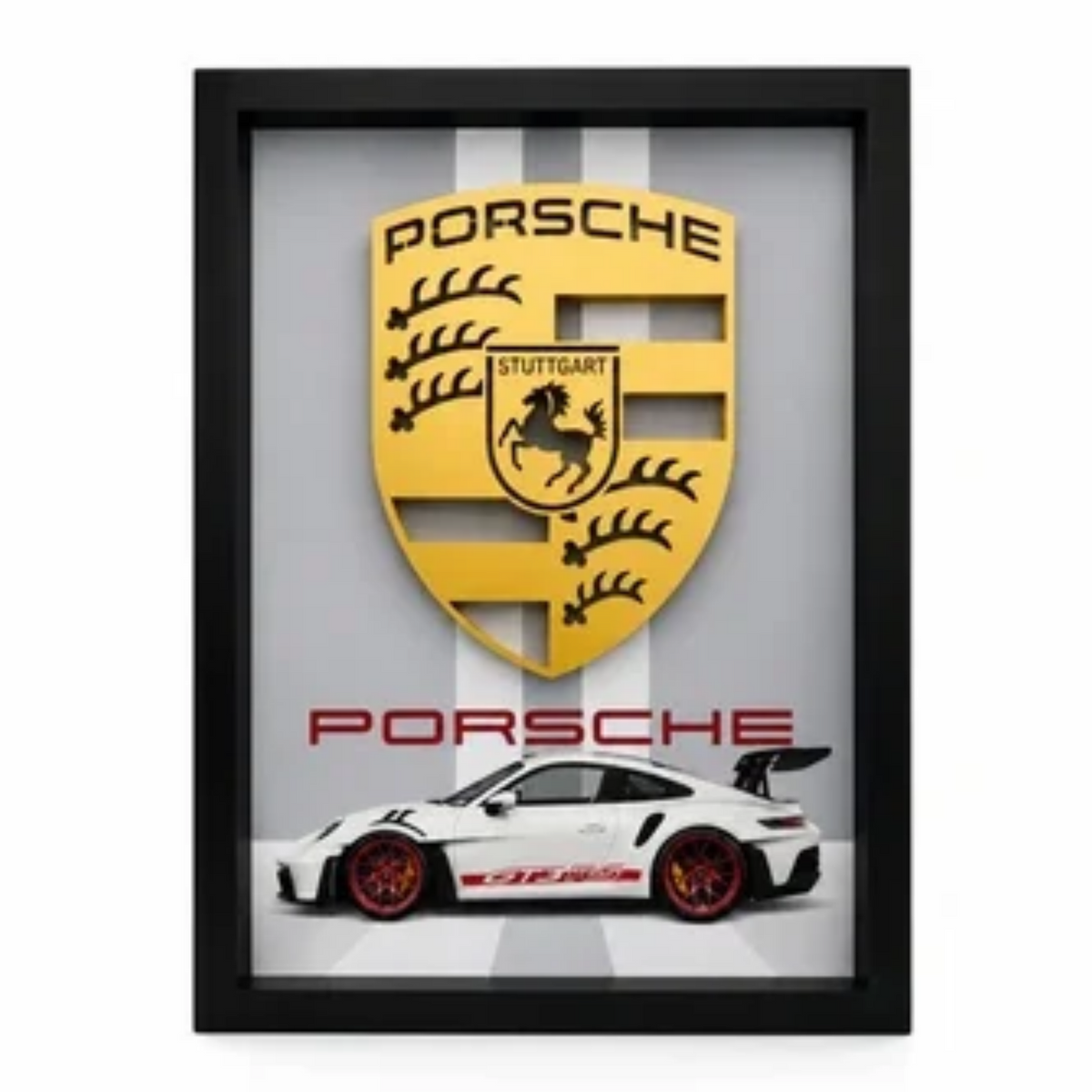 Premium Porsche car 3D wall frame with Porsche emblem and sports car design in a black shadow box frame