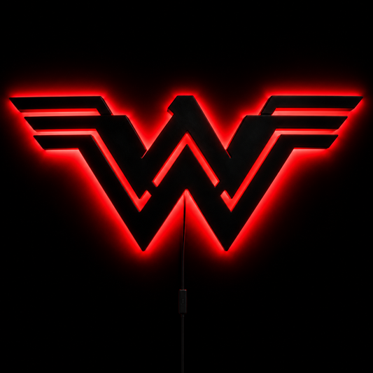 Wonder Woman logo LED wall lamp with golden-yellow glowing backlight for superhero bedroom and gaming room decor
