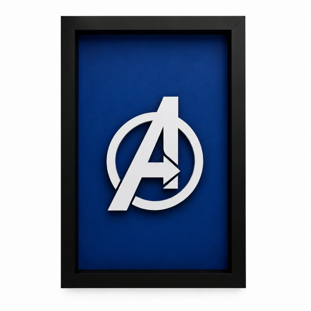 Premium Avengers 3D wall frame with silver Avengers emblem on deep blue background and black shadow box frame