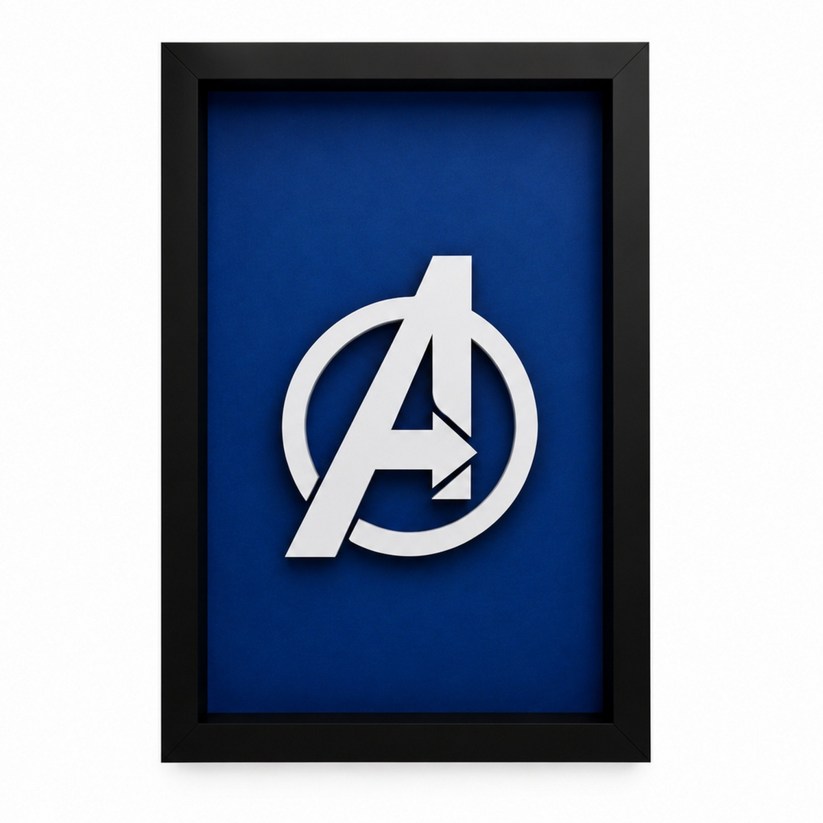 Premium Avengers 3D wall frame with silver Avengers emblem on deep blue background and black shadow box frame