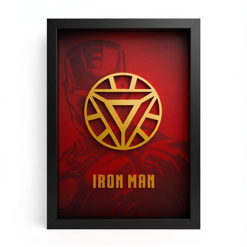 Iron Man 3D wall art frame with gold arc reactor and red superhero background