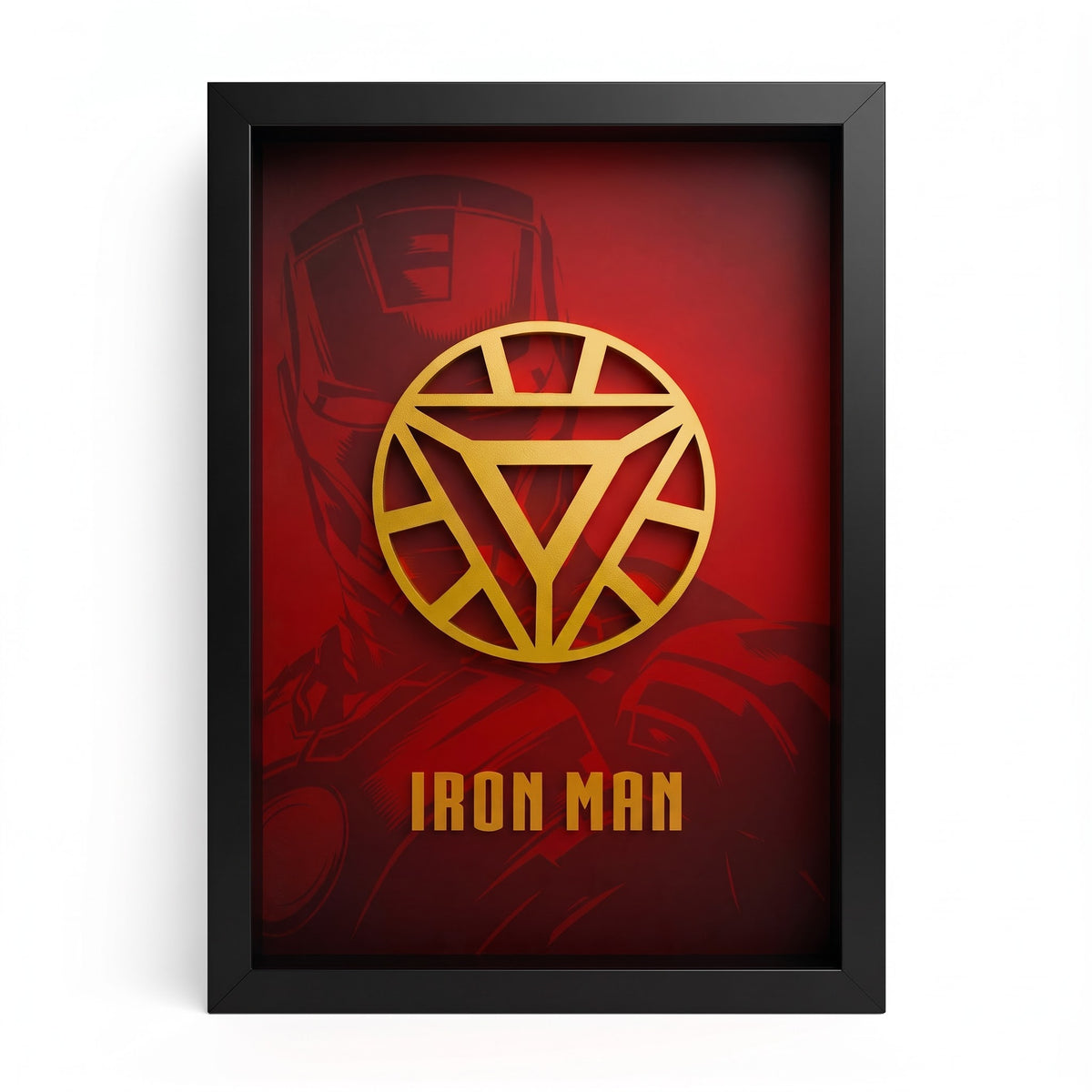 Iron Man 3D wall art frame with gold arc reactor and red superhero background
