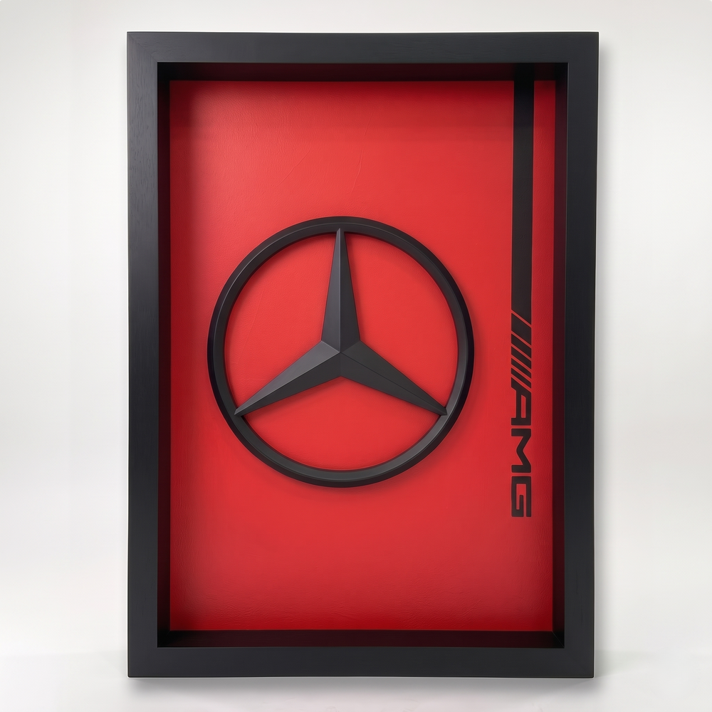 Premium Mercedes AMG 3D frame with black Mercedes logo on red background