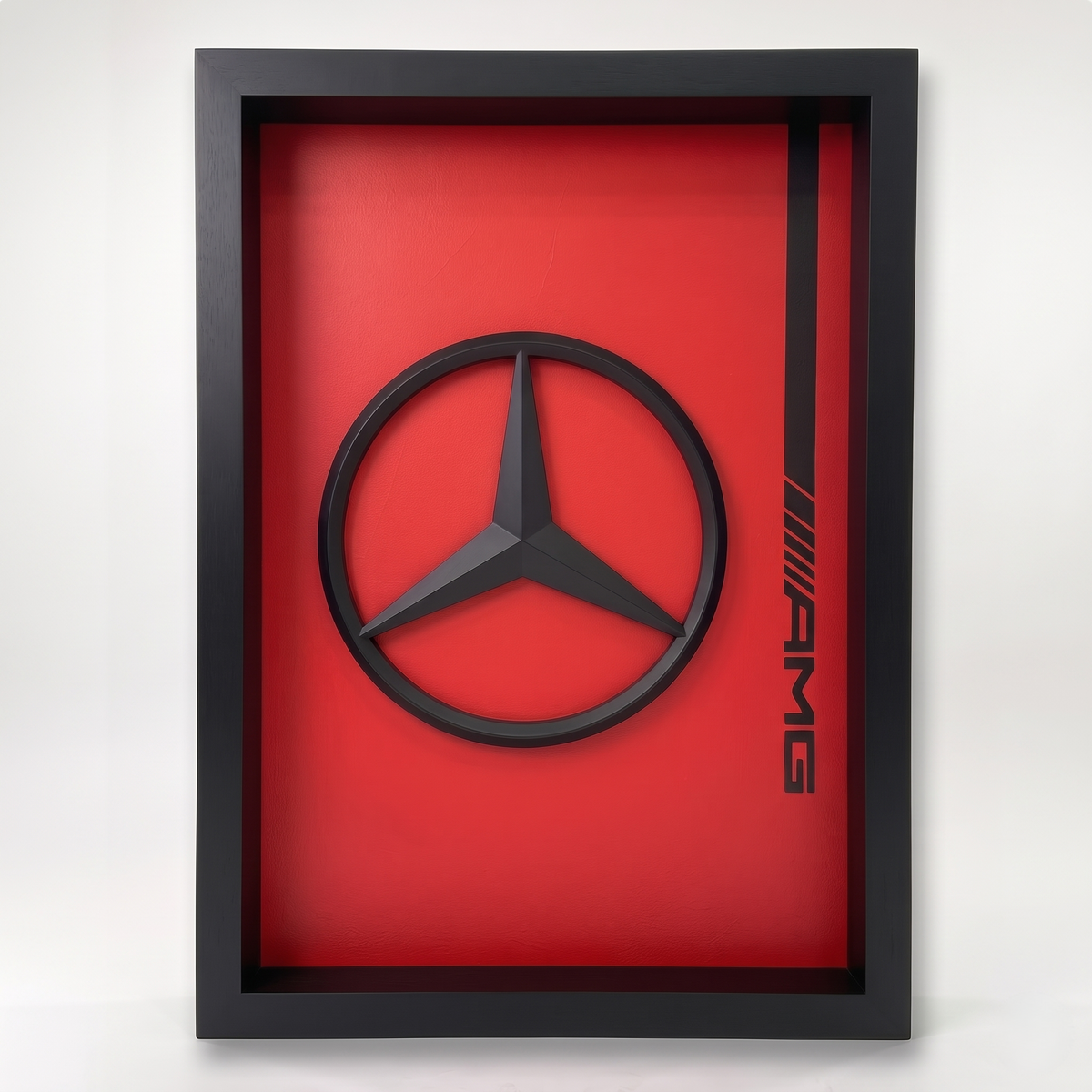 Premium Mercedes AMG 3D frame with black Mercedes logo on red background