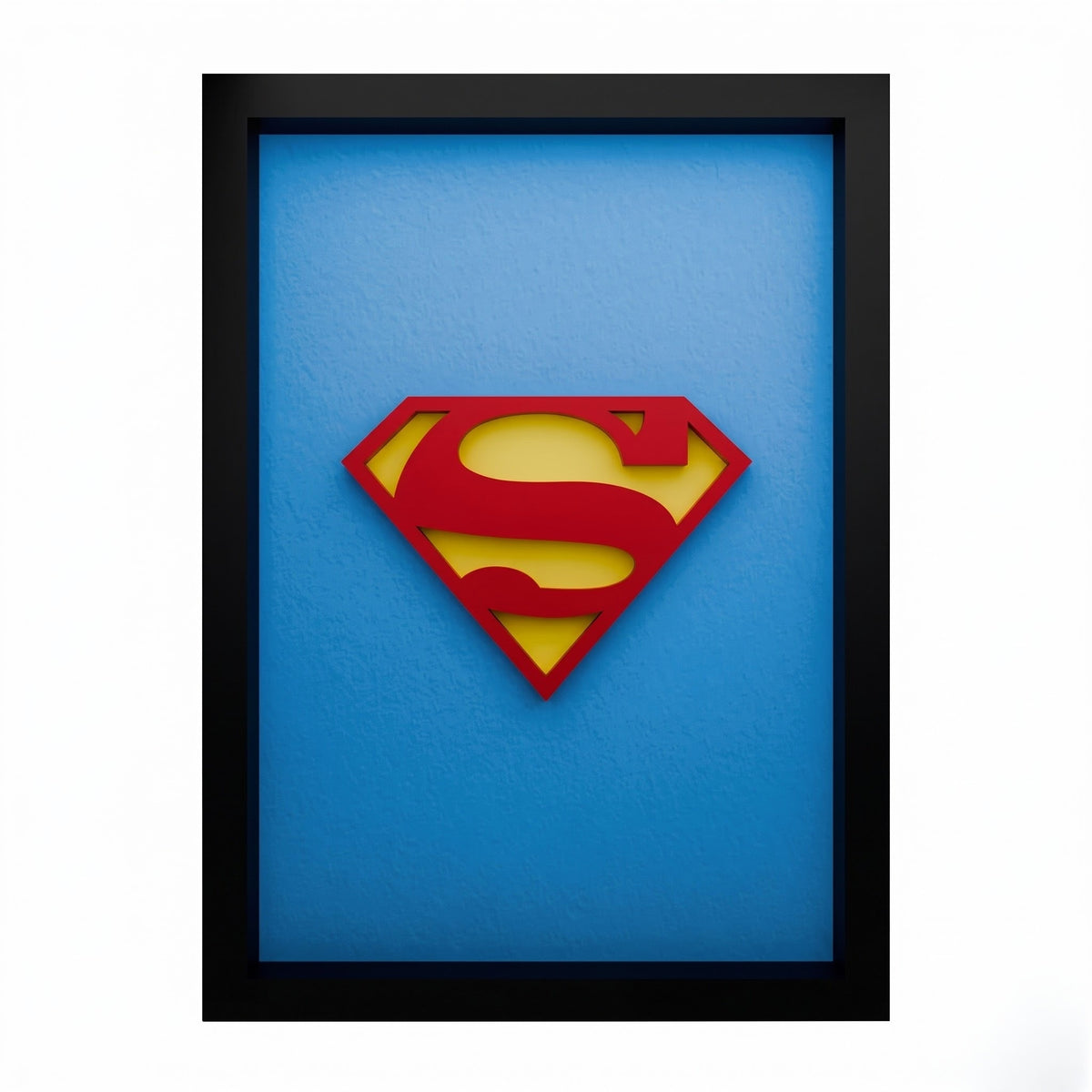 Premium Superman 3D shadow box frame with red and yellow emblem on blue background and black frame
