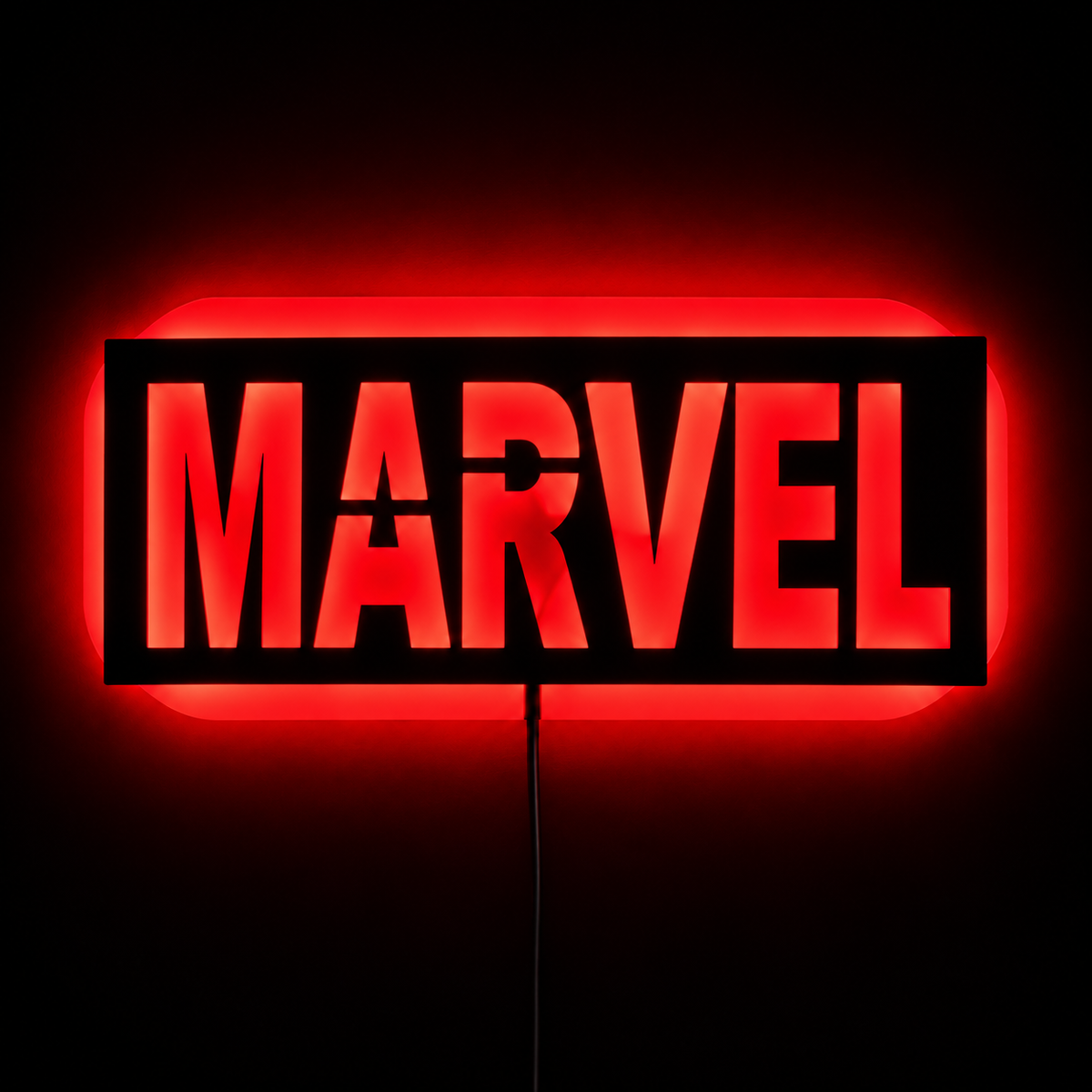 Marvel logo LED wall lamp with yellow lettering and vibrant red glowing background for superhero room decor
