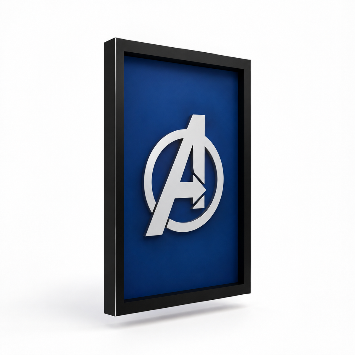 Premium Avengers 3D wall frame with silver Avengers emblem on deep blue background and black shadow box frame