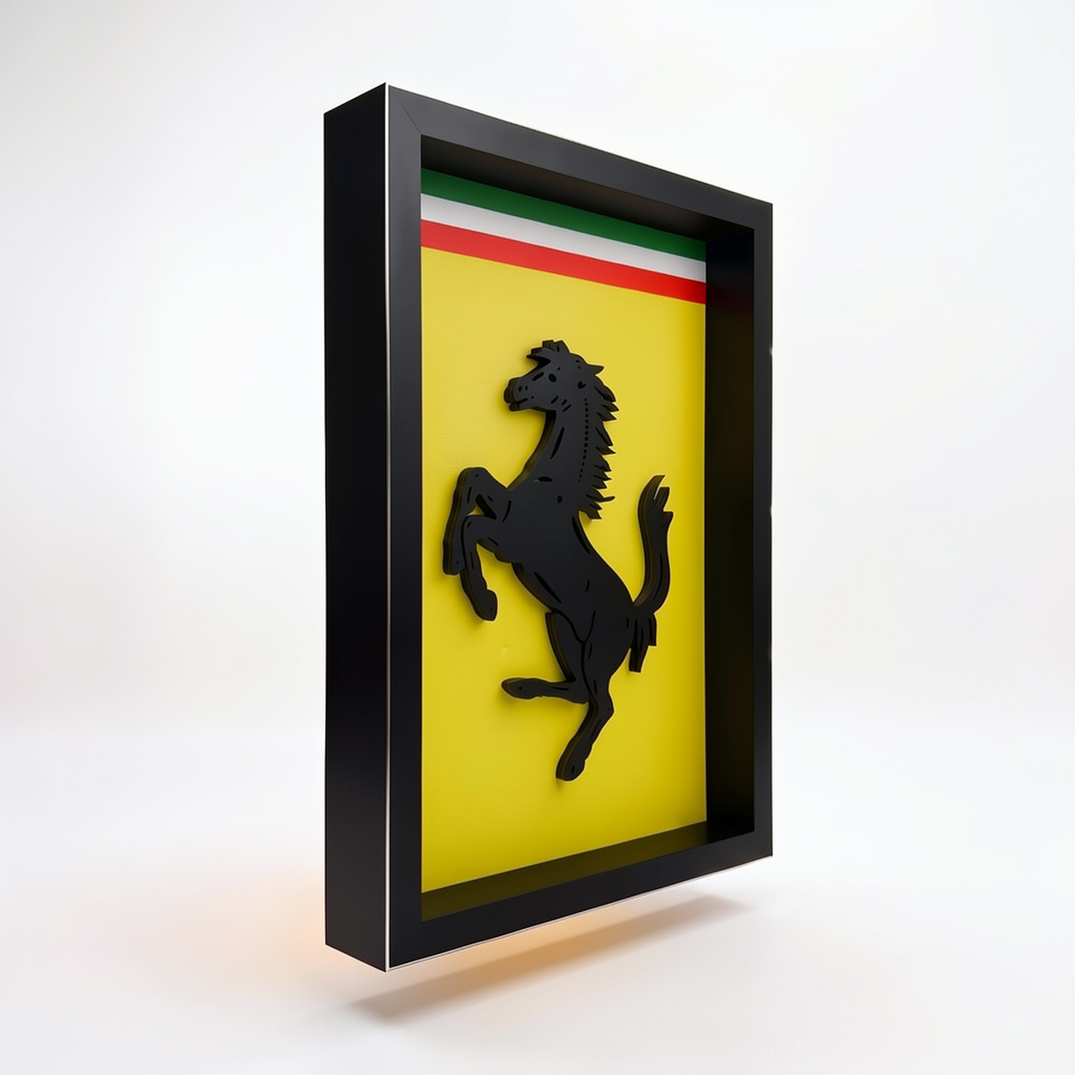Premium Ferrari  3D wall frame with Ferrari emblem, red sports car and black shadow box frame