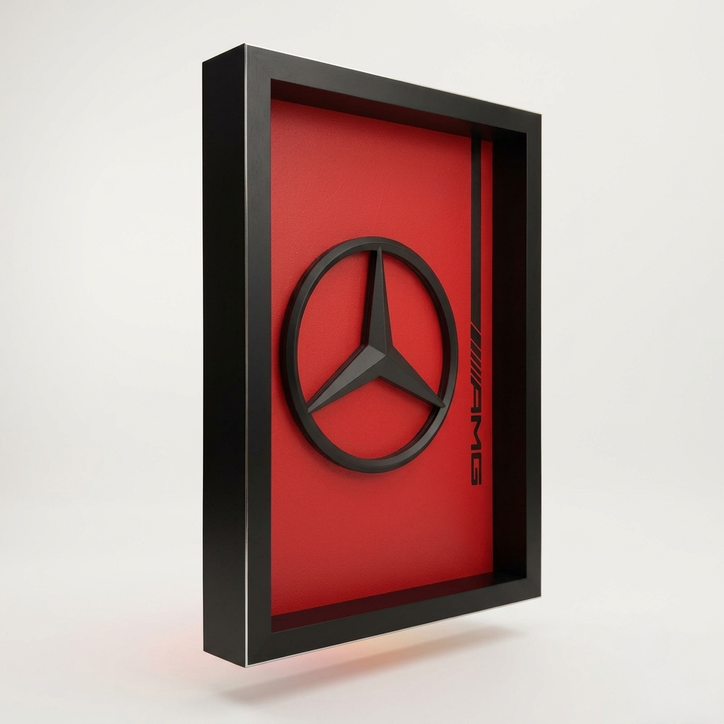 Premium Mercedes AMG 3D frame with black Mercedes logo on red background