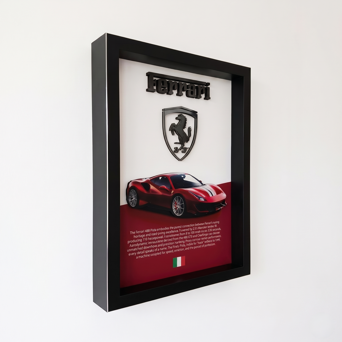 Premium Ferrari 488 Pista 3D wall frame with Ferrari emblem, red sports car and black shadow box frame