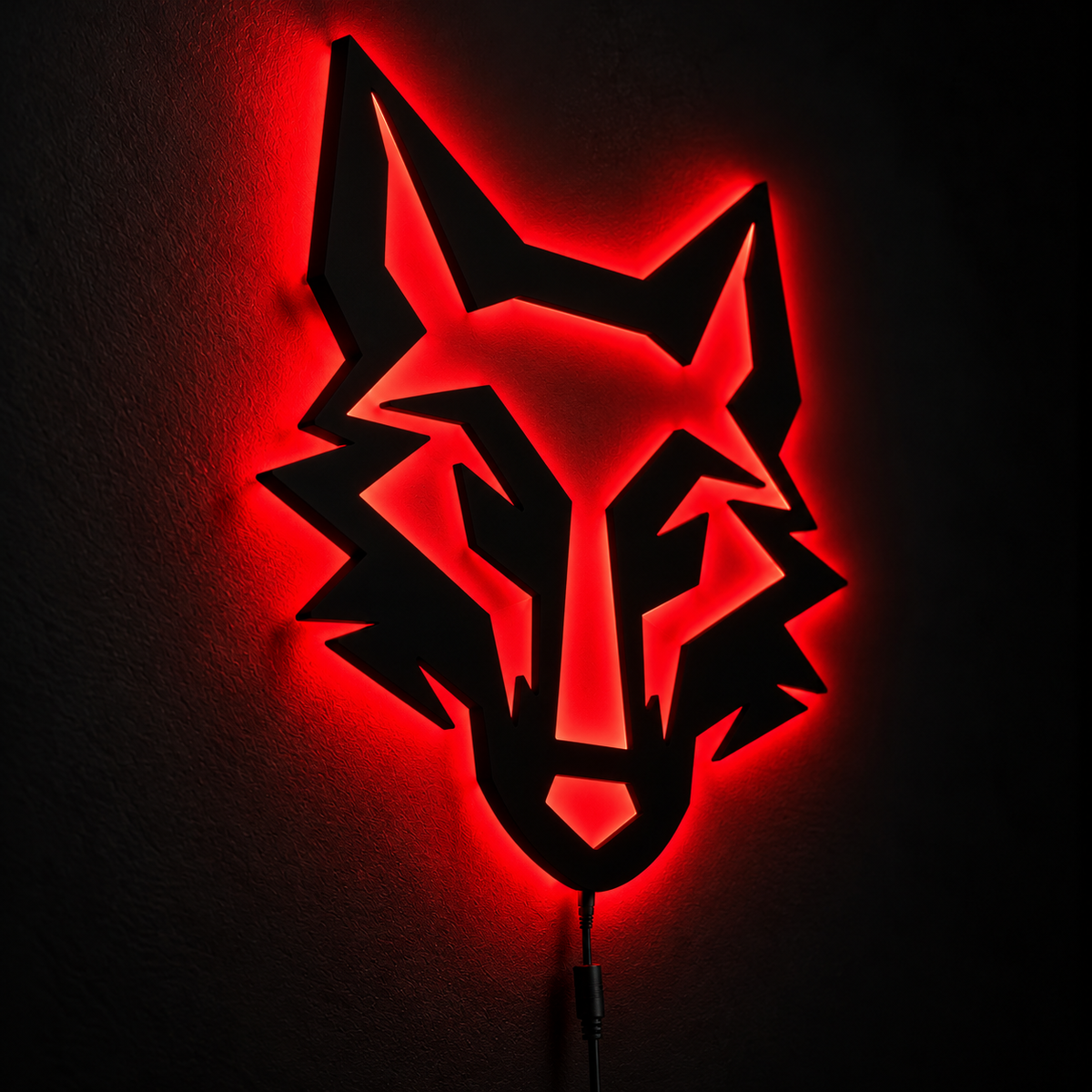 Wolf face LED wall lamp with vibrant pink and blue backlighting for gaming room and bedroom decor
