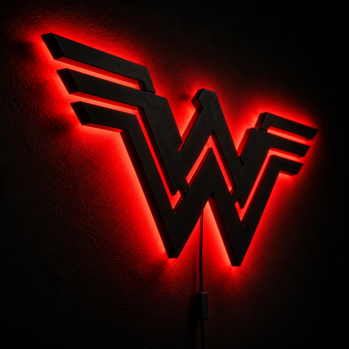 Wonder Woman logo LED wall lamp with golden-yellow glowing backlight for superhero bedroom and gaming room decor

