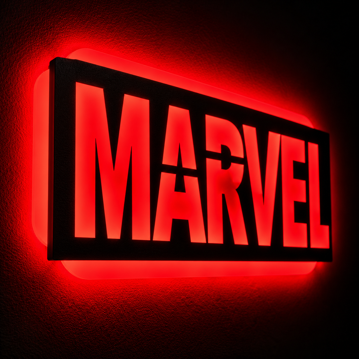 Marvel logo LED wall lamp with yellow lettering and vibrant red glowing background for superhero room decor
