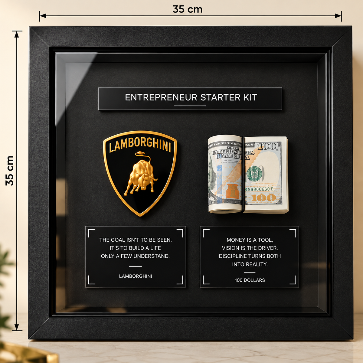 Entrepreneur 3D shadow box frame with premium black finish, 3D emblem, money-inspired display and motivational quote plates