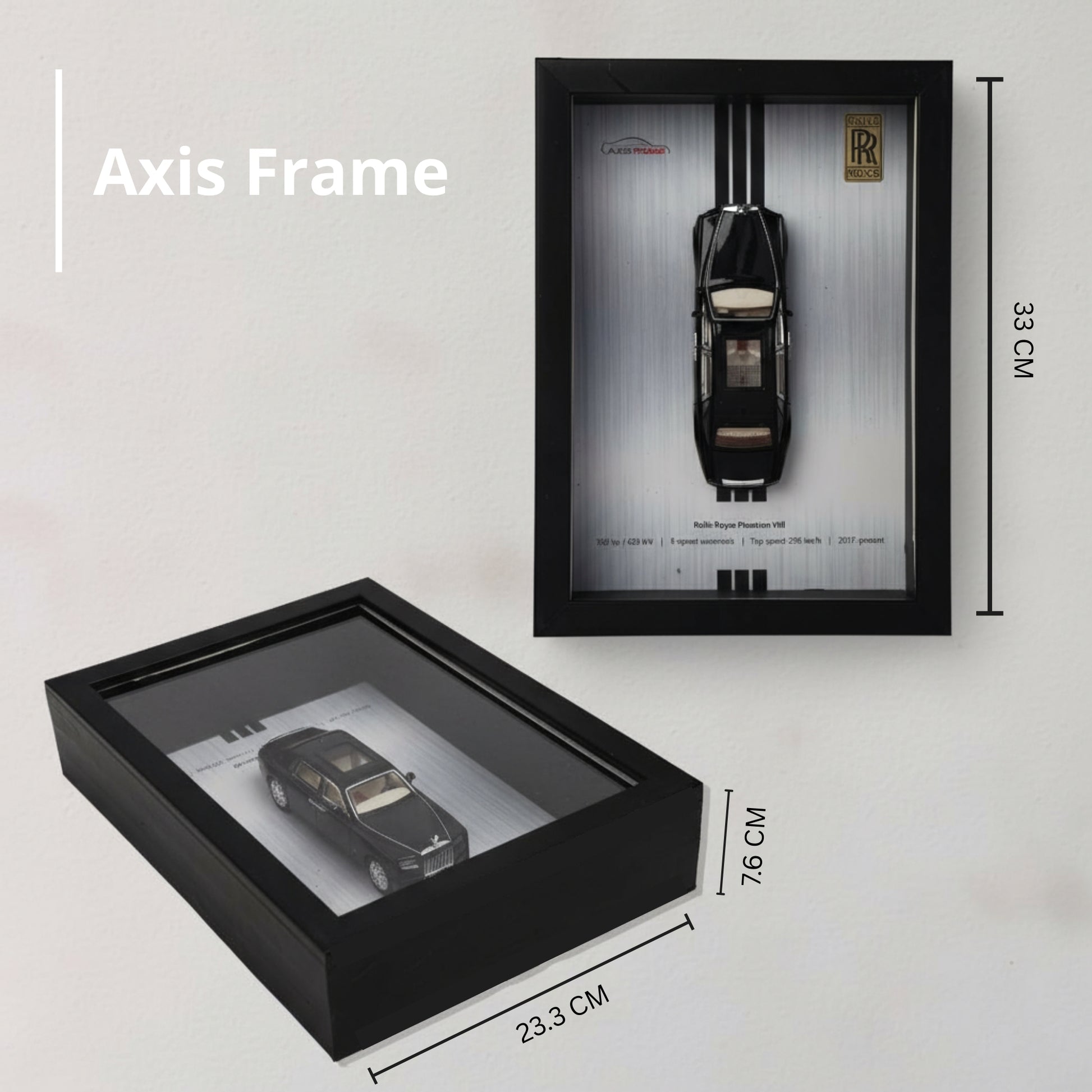 Black framed display case with a model car inside, showing dimensions on a light gray background.
