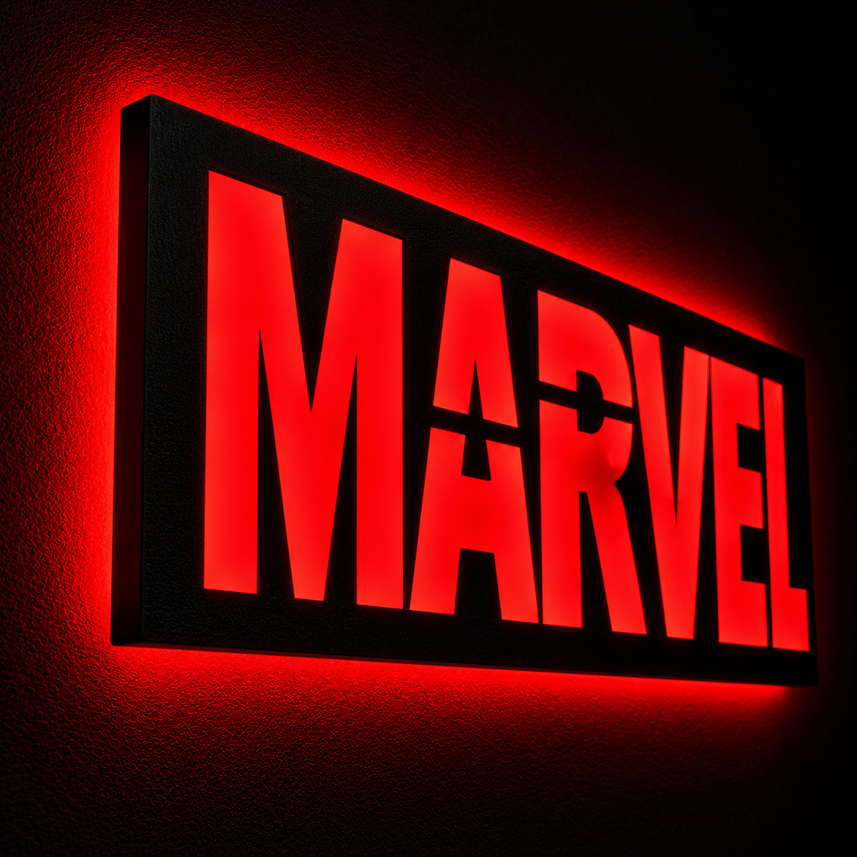 Marvel logo LED wall lamp with yellow lettering and vibrant red glowing background for superhero room decor
