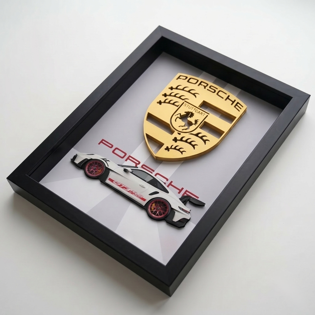 Premium Porsche car 3D wall frame with Porsche emblem and sports car design in a black shadow box frame