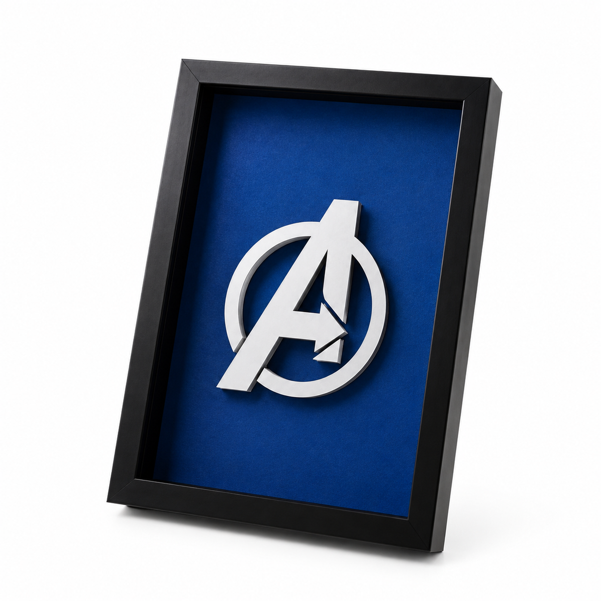 Premium Avengers 3D wall frame with silver Avengers emblem on deep blue background and black shadow box frame