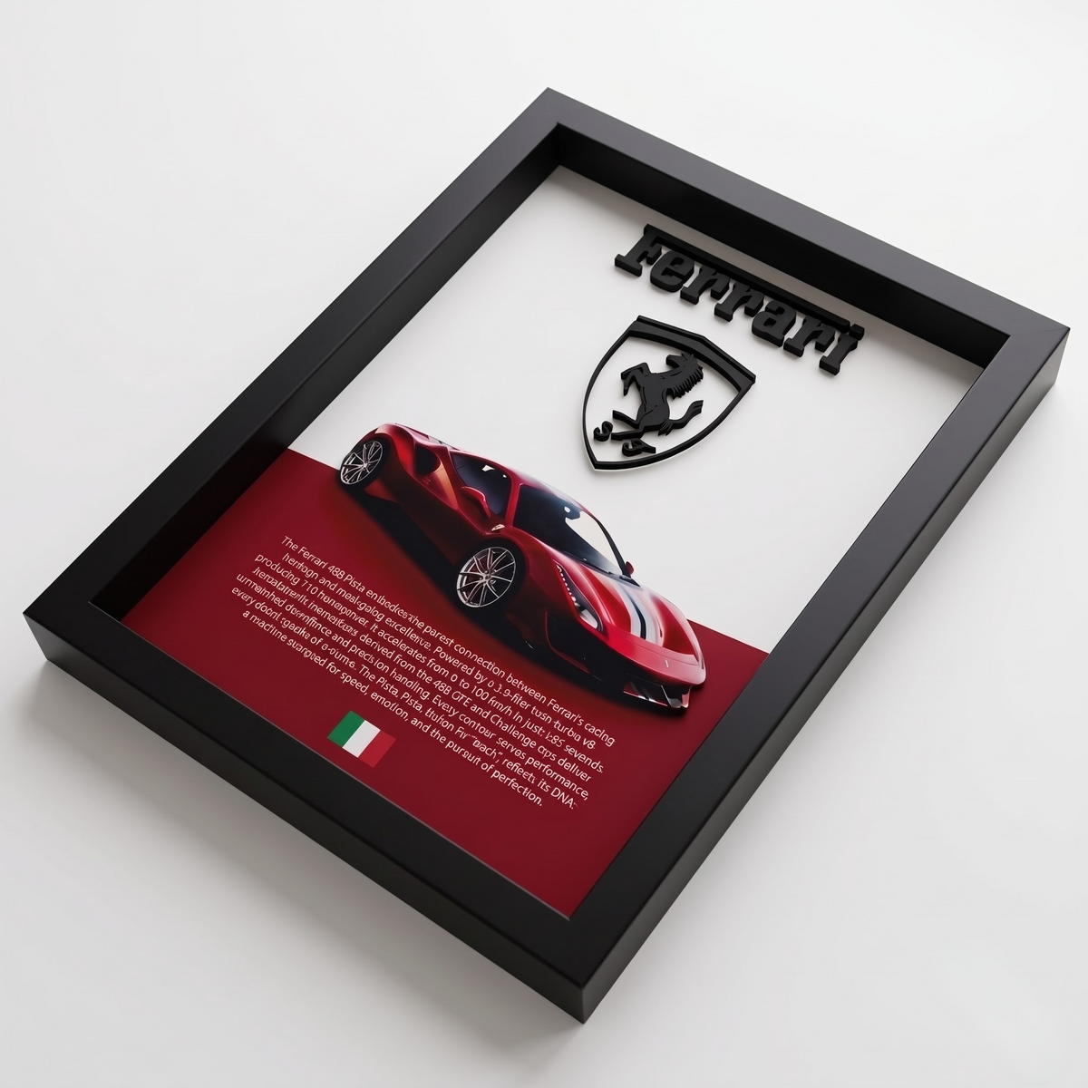 Premium Ferrari 488 Pista 3D wall frame with Ferrari emblem, red sports car and black shadow box frame