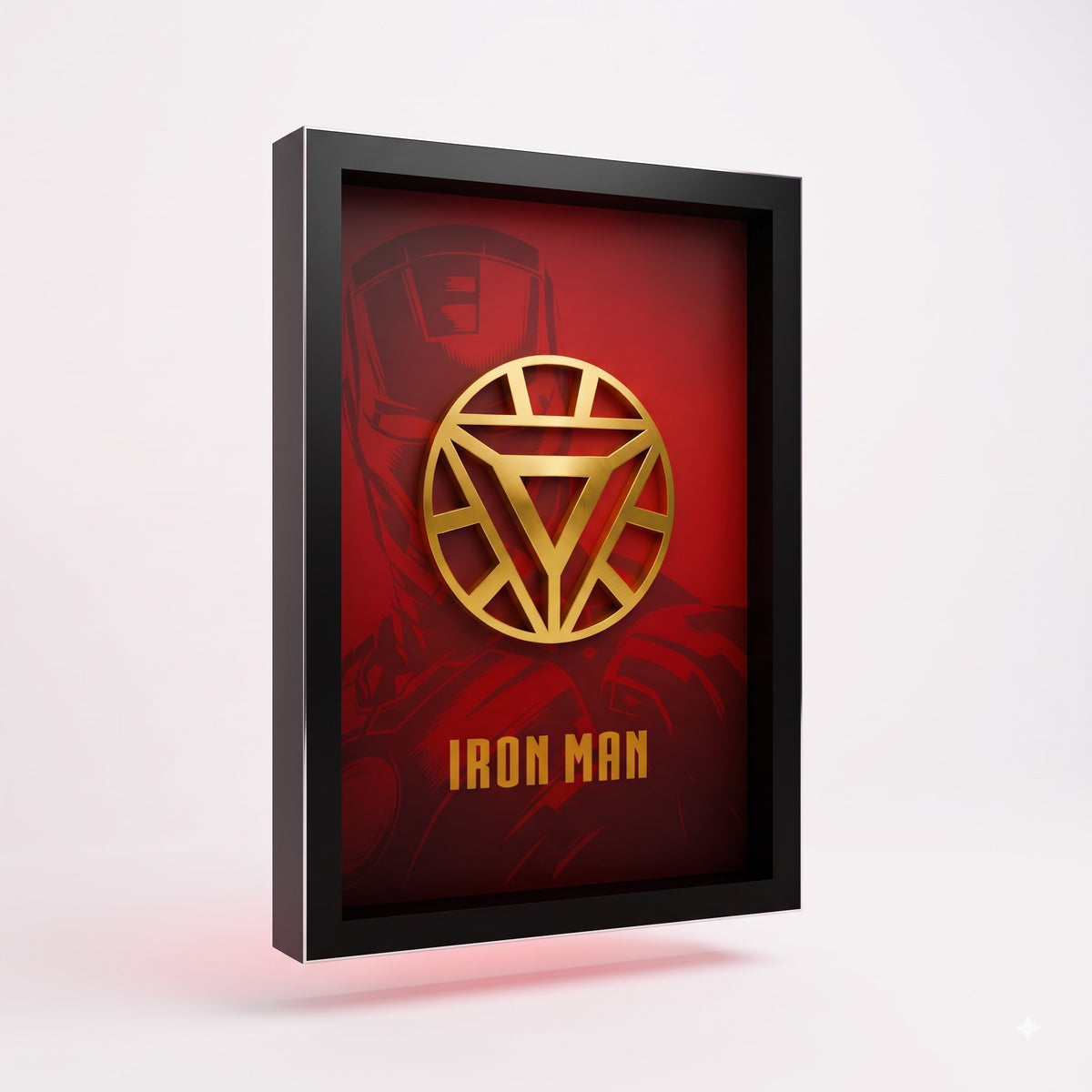 Iron Man 3D wall art frame with gold arc reactor and red superhero background