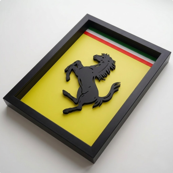 Premium Ferrari  3D wall frame with Ferrari emblem, red sports car and black shadow box frame