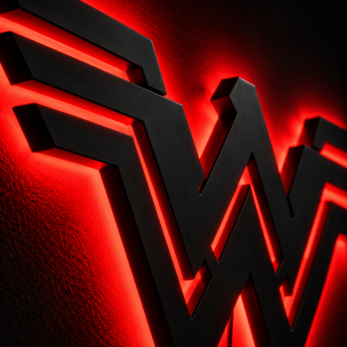 Wonder Woman logo LED wall lamp with golden-yellow glowing backlight for superhero bedroom and gaming room decor
