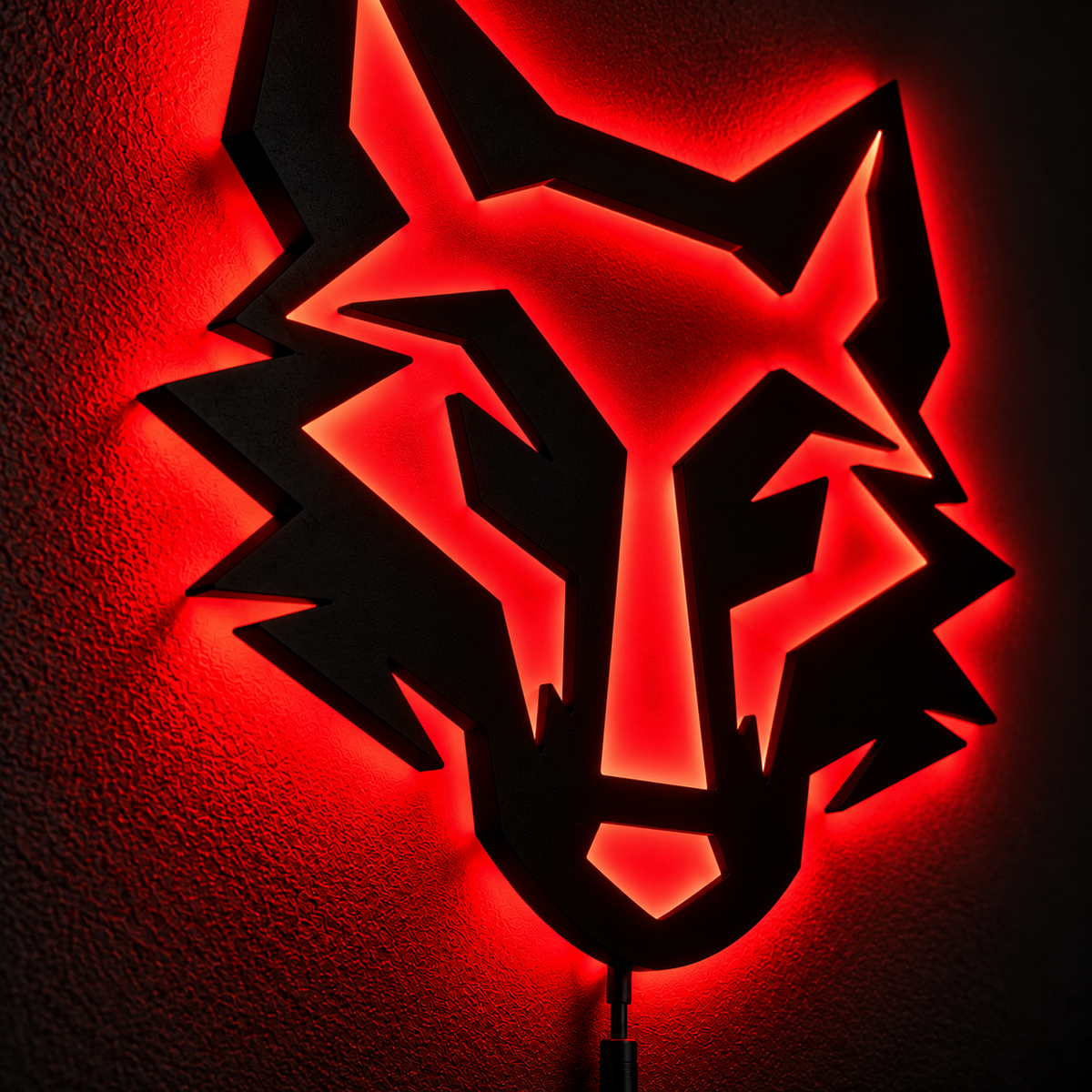 Wolf face LED wall lamp with vibrant pink and blue backlighting for gaming room and bedroom decor
