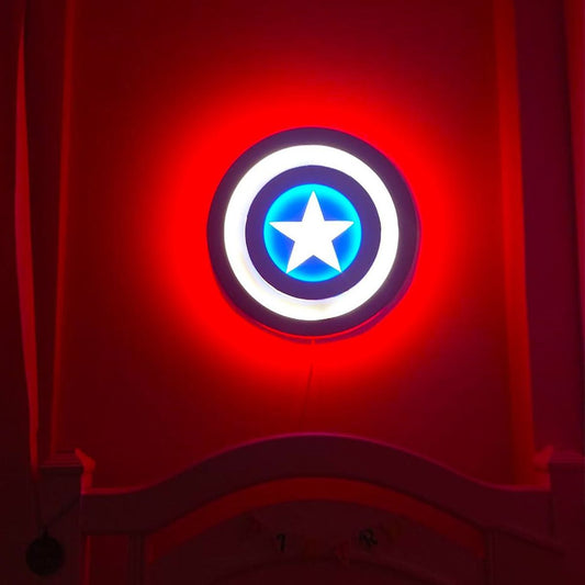 Captain America shield-inspired LED wall lamp with a white star, blue center, white circular ring, and red backlighting
