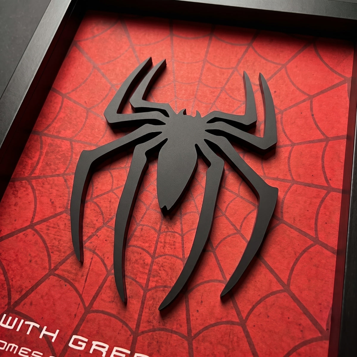 Spider-Man 3D wall frame with black raised spider emblem on red web background