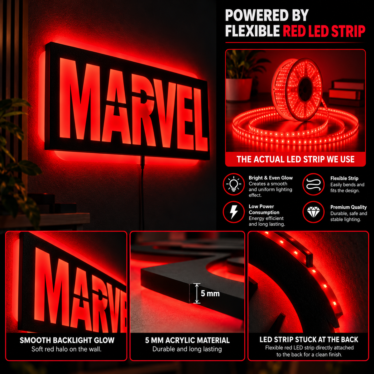 Marvel logo LED wall lamp with yellow lettering and vibrant red glowing background for superhero room decor
