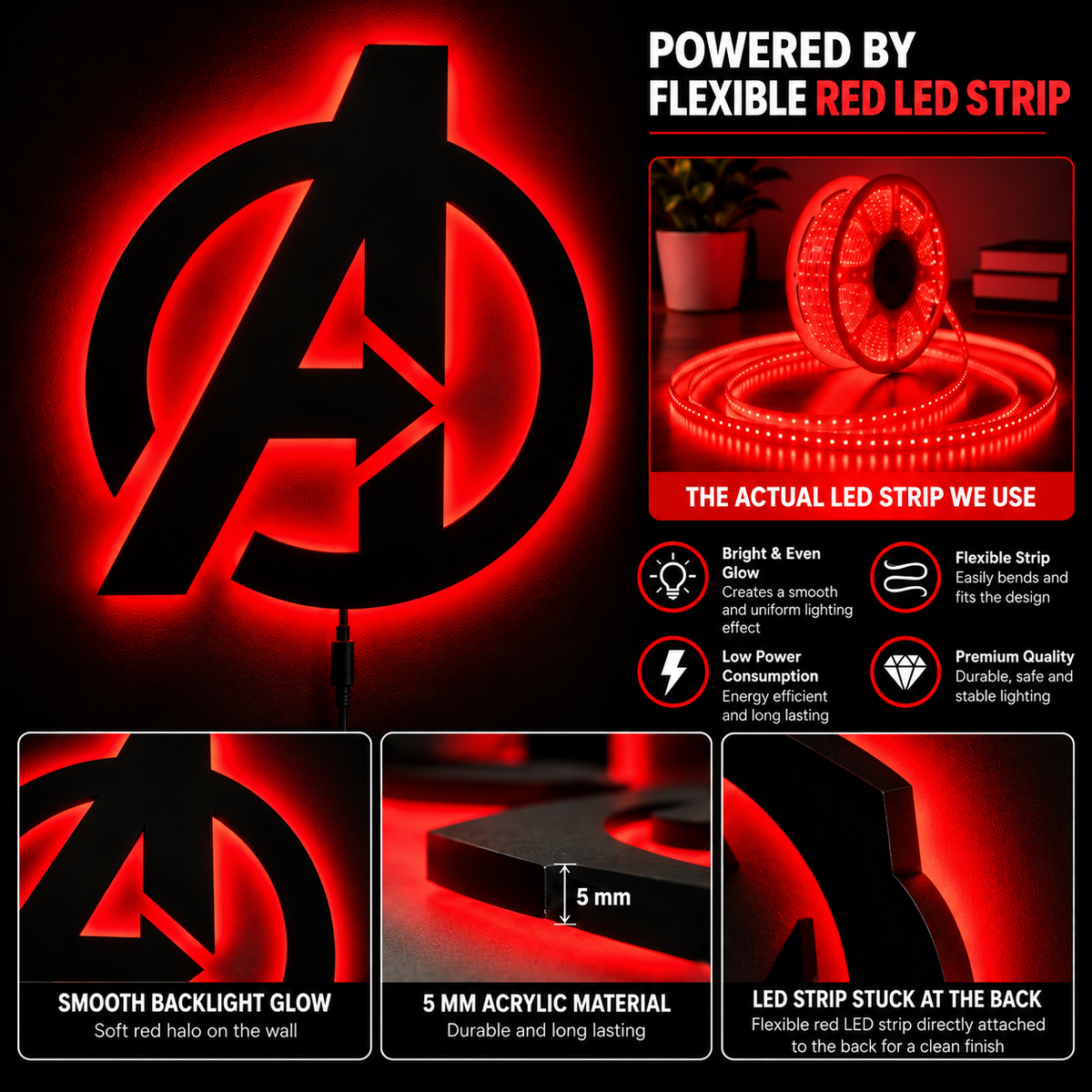 Premium Avengers LED wall lamp with black Avengers emblem and red glowing light
