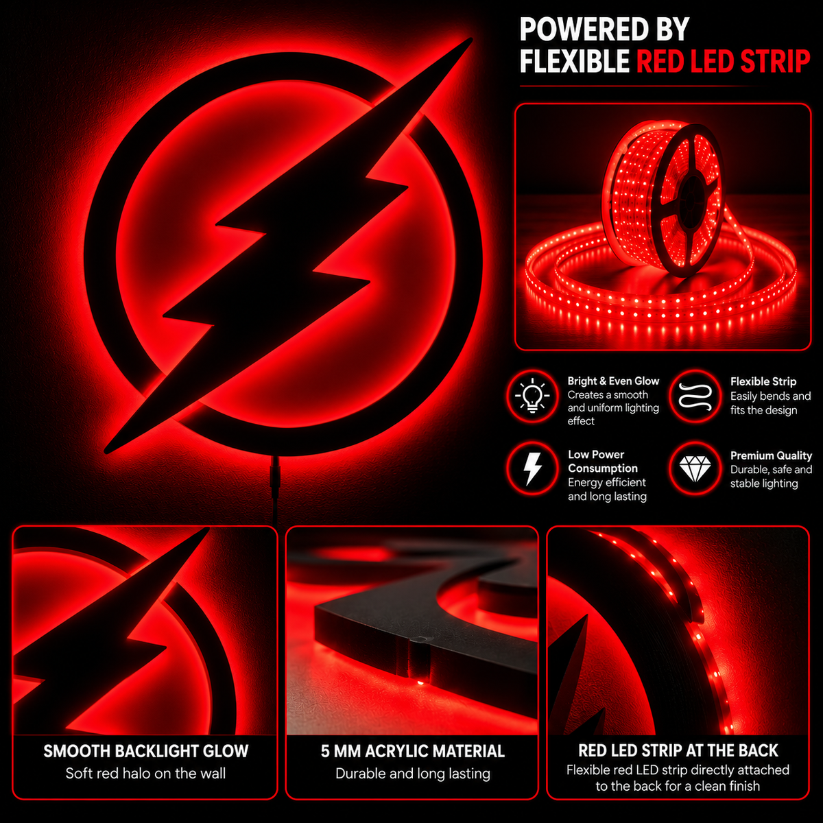 Premium Flash LED wall lamp with black lightning bolt and red yellow glowing light