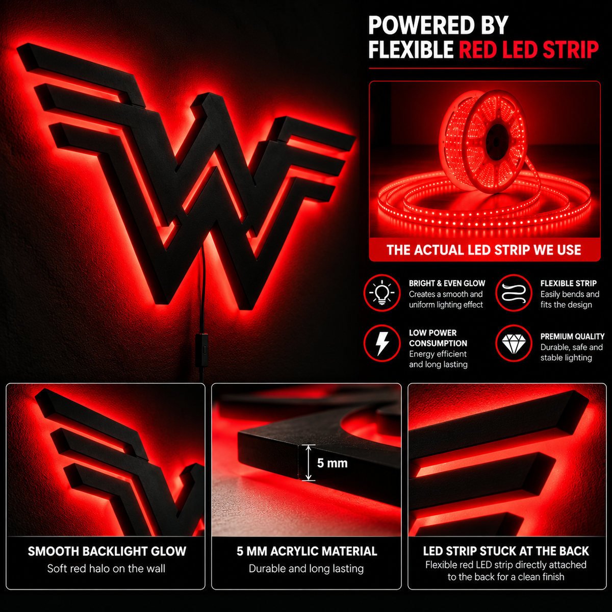 Wonder Woman logo LED wall lamp with golden-yellow glowing backlight for superhero bedroom and gaming room decor
