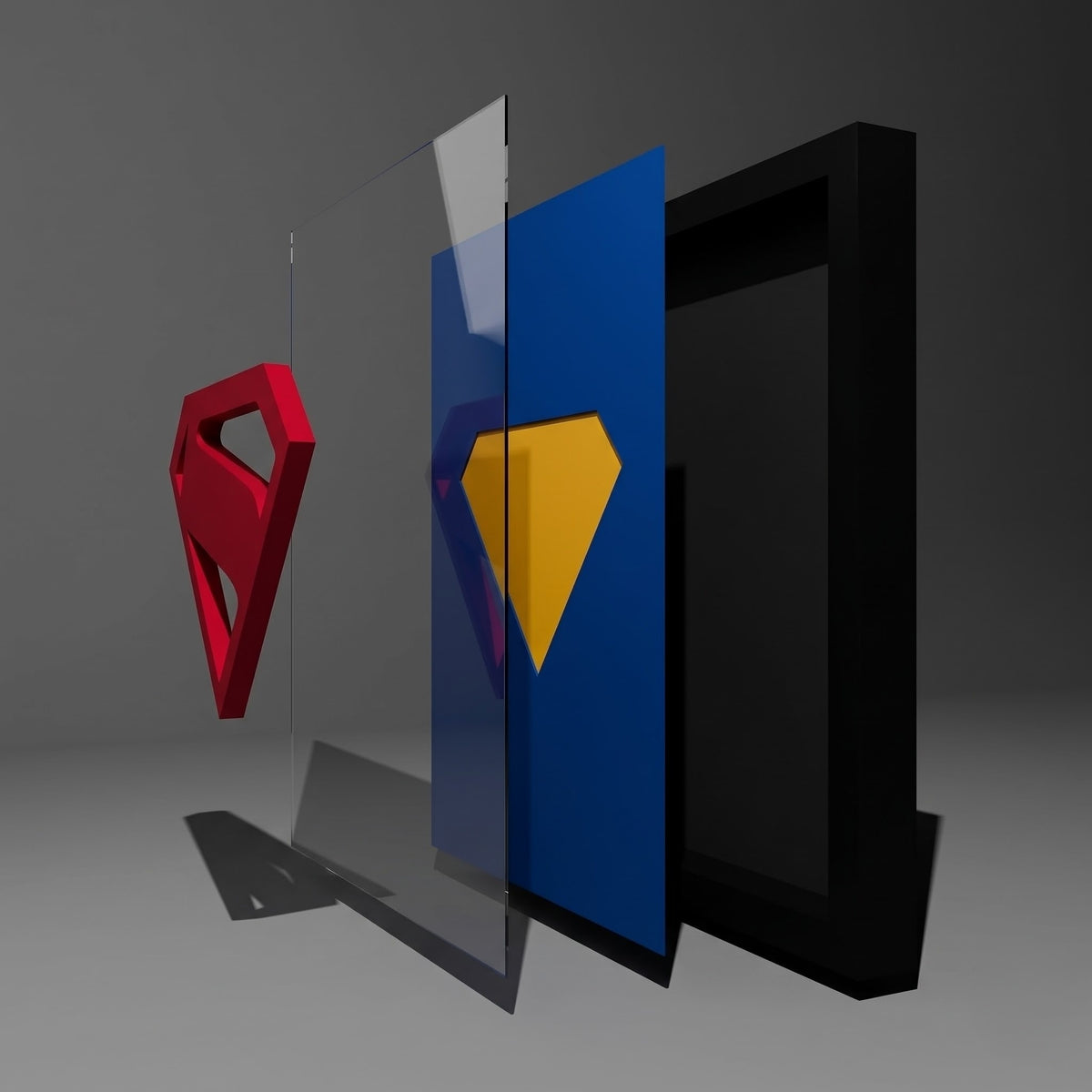 Premium Superman 3D frame with red and yellow emblem on blue background and black shadow box frame