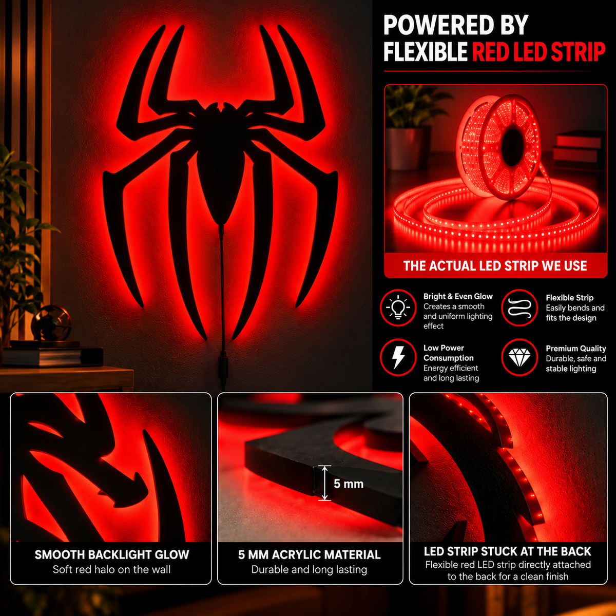 Premium Spider-Man LED wall lamp with black spider emblem and red glowing light