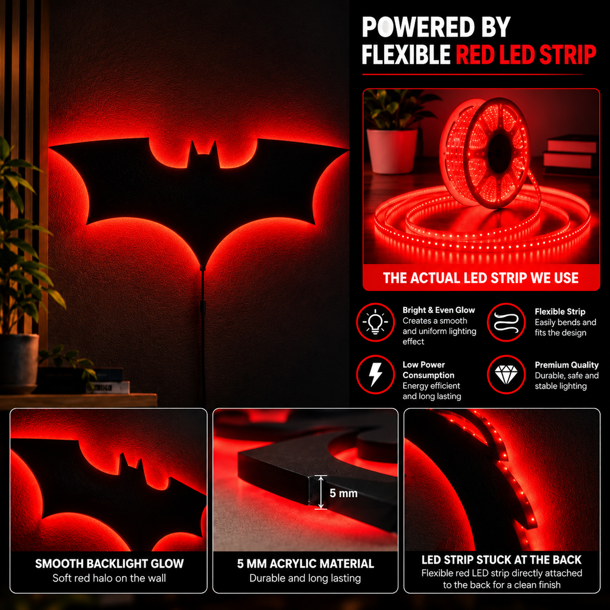 Premium Batman LED wall lamp with black emblem and red glowing light