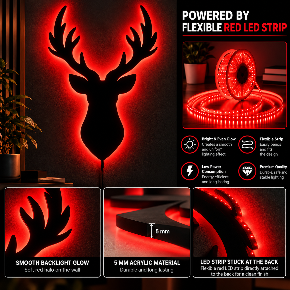 Deer head LED wall lamp with black antler silhouette and warm yellow glowing light against a blue background
