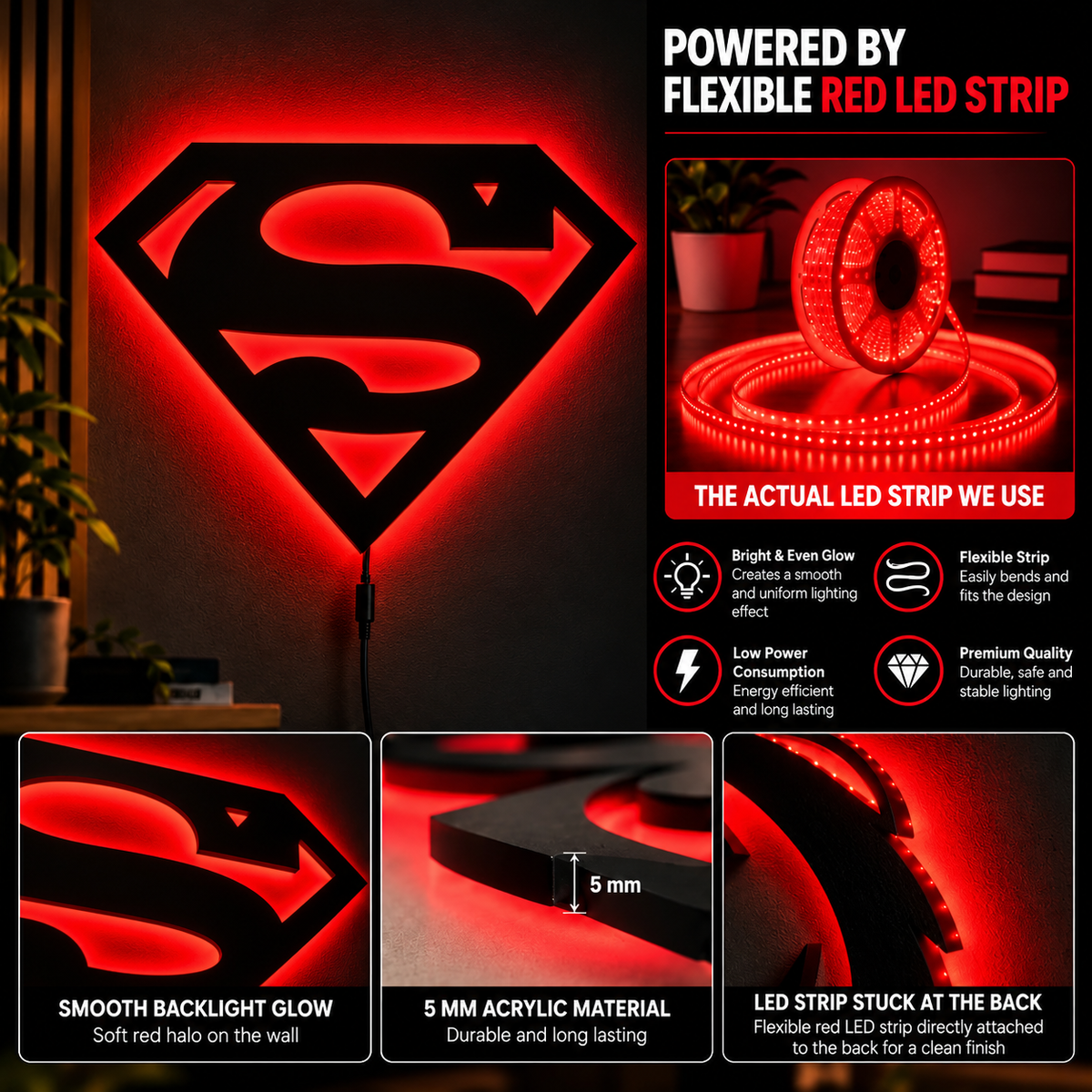 Premium Superman LED Wall Lamp with glowing superhero emblem wall decor