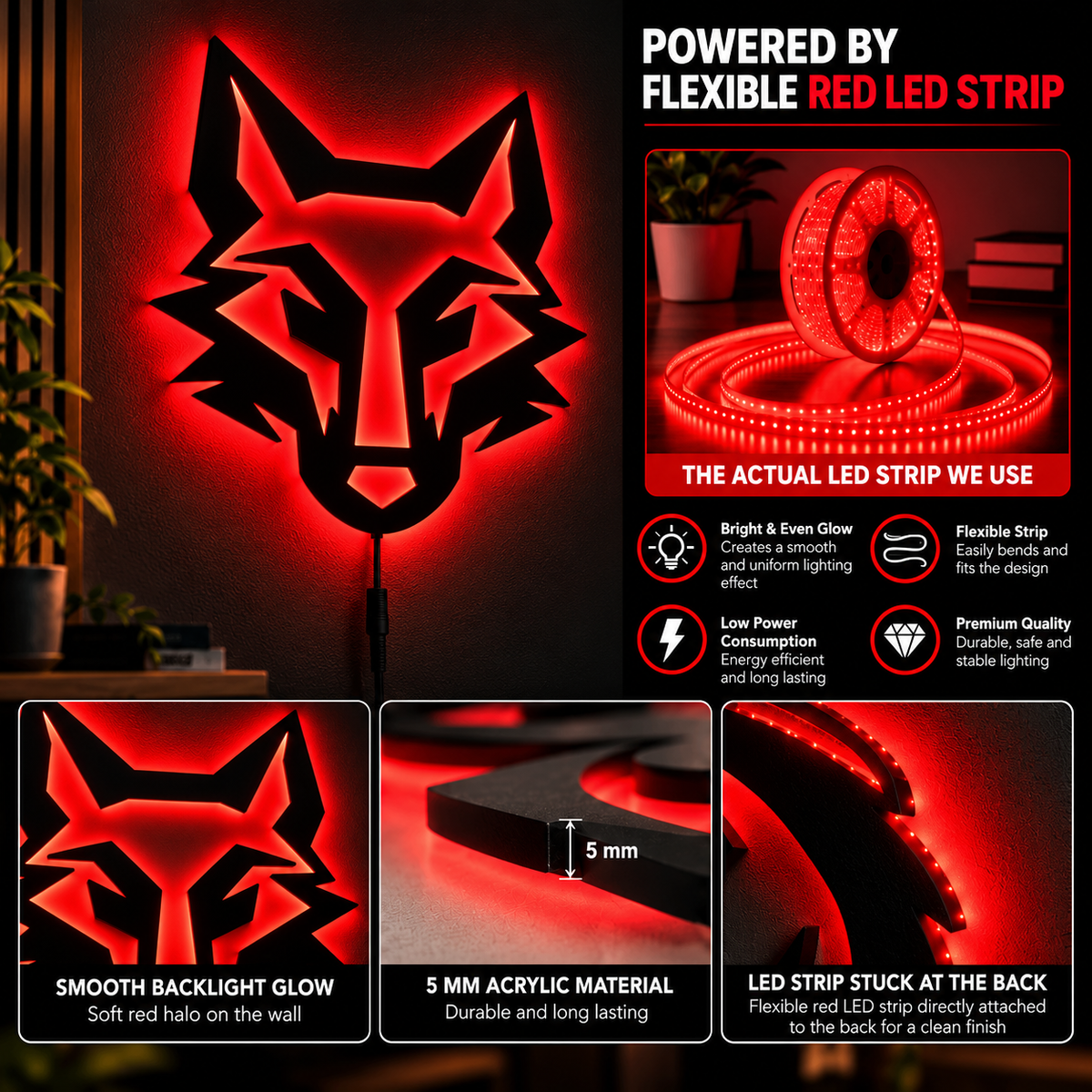 Wolf face LED wall lamp with vibrant pink and blue backlighting for gaming room and bedroom decor
