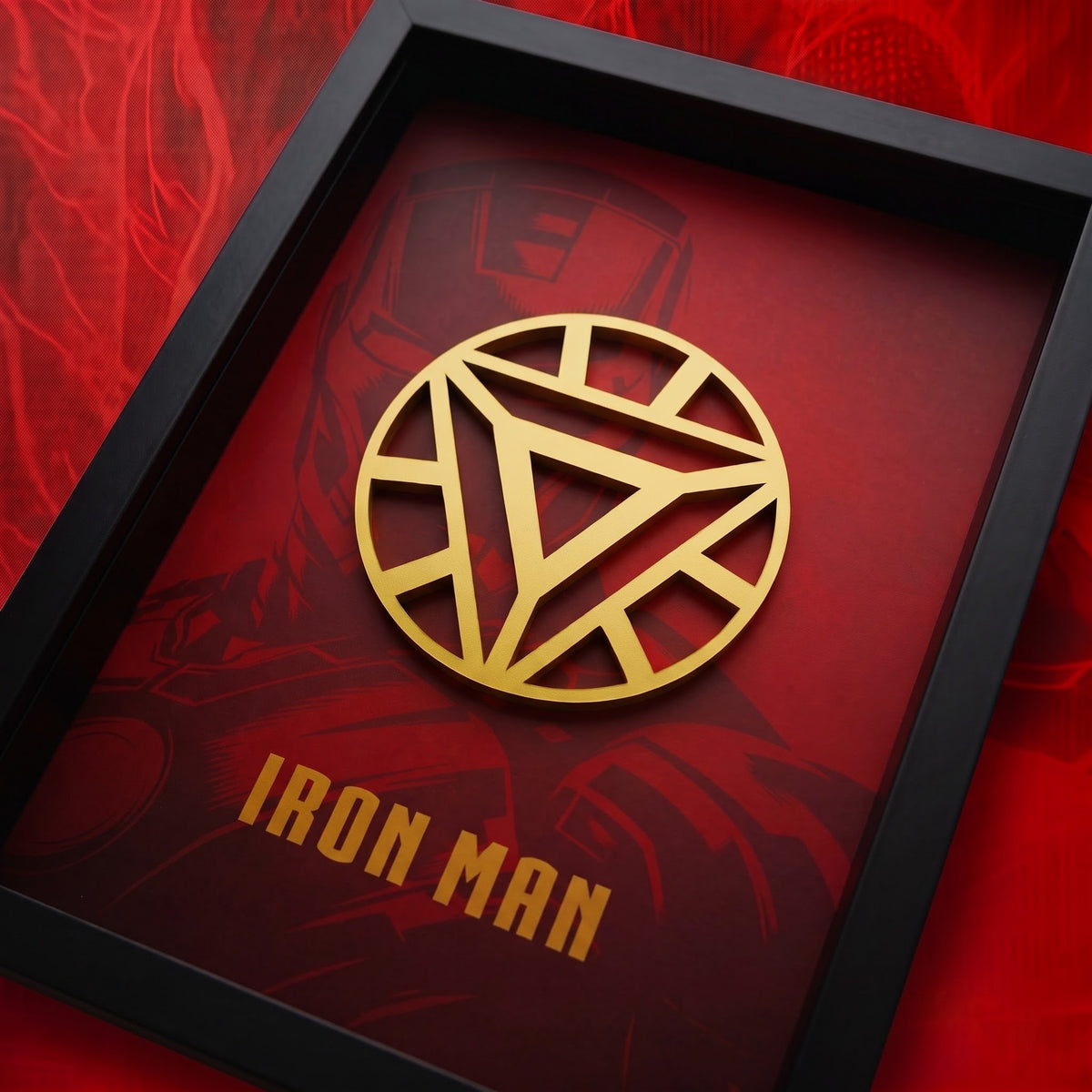 Iron Man 3D wall art frame with gold arc reactor and red superhero background