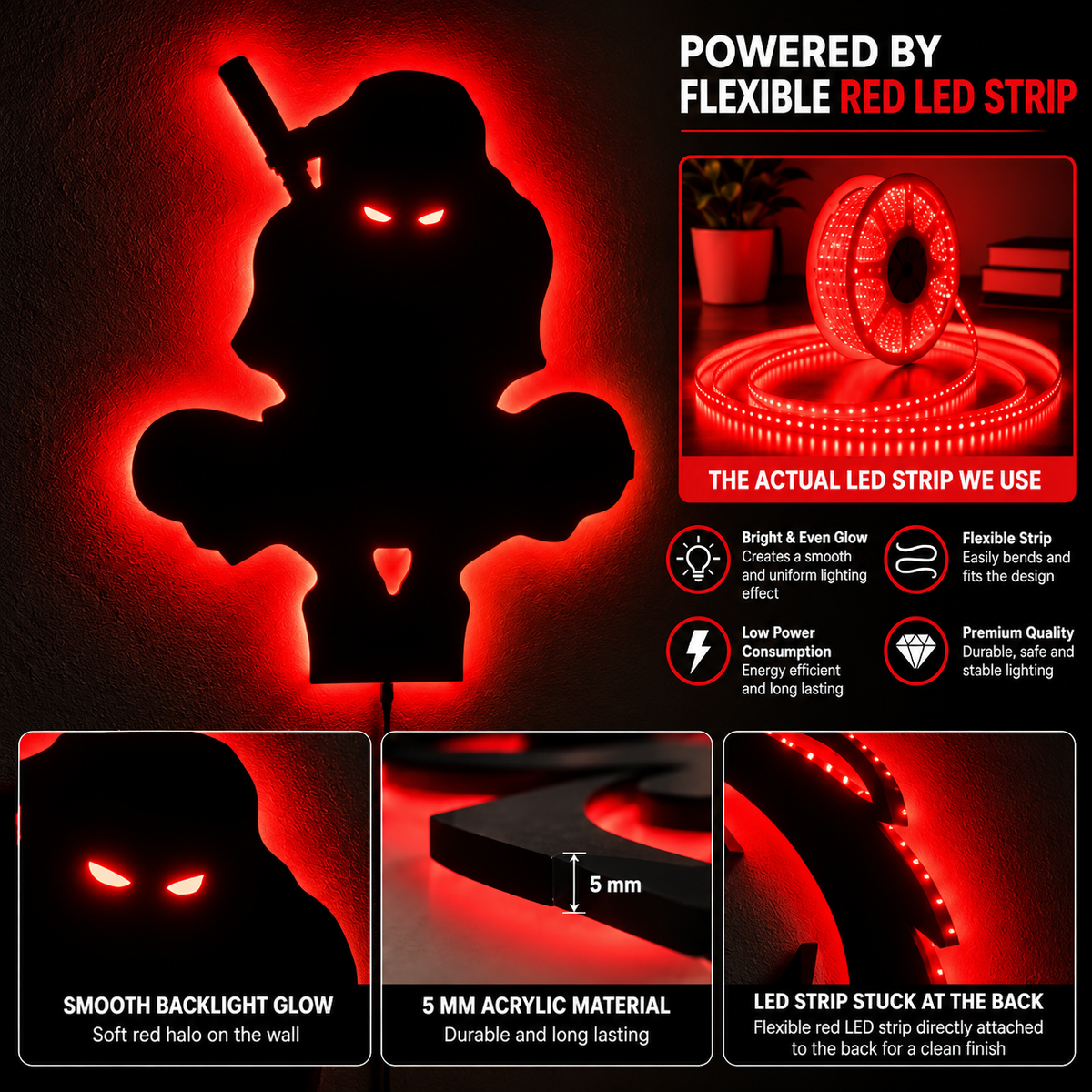 Premium Ninja LED Wall Lamp with black ninja silhouette and warm white ambient backlighting
