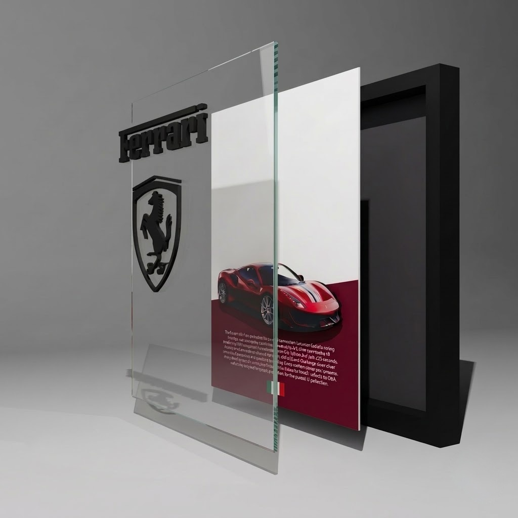 Premium Ferrari 488 Pista 3D wall frame with Ferrari emblem, red sports car and black shadow box frame