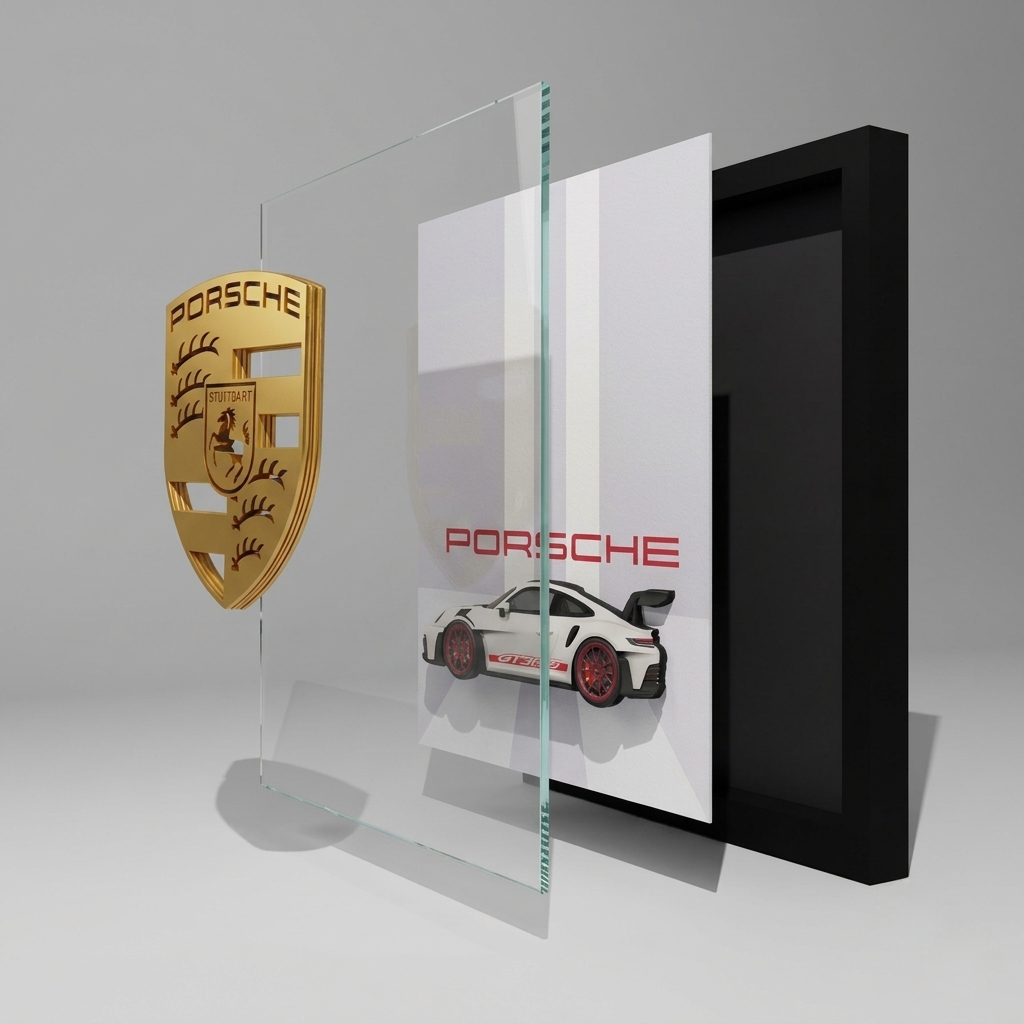Premium Porsche car 3D wall frame with Porsche emblem and sports car design in a black shadow box frame