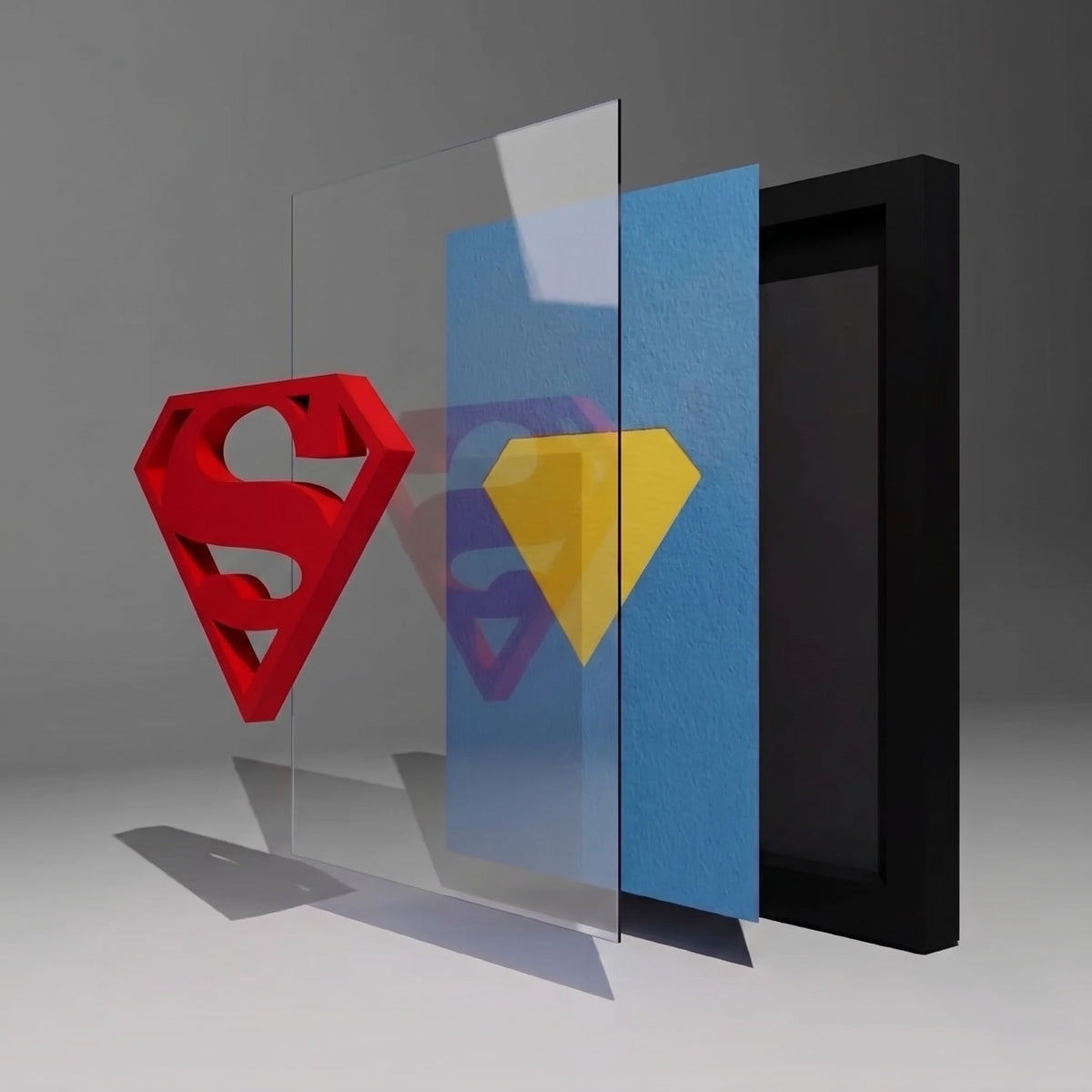 Premium Superman 3D shadow box frame with red and yellow emblem on blue background and black frame