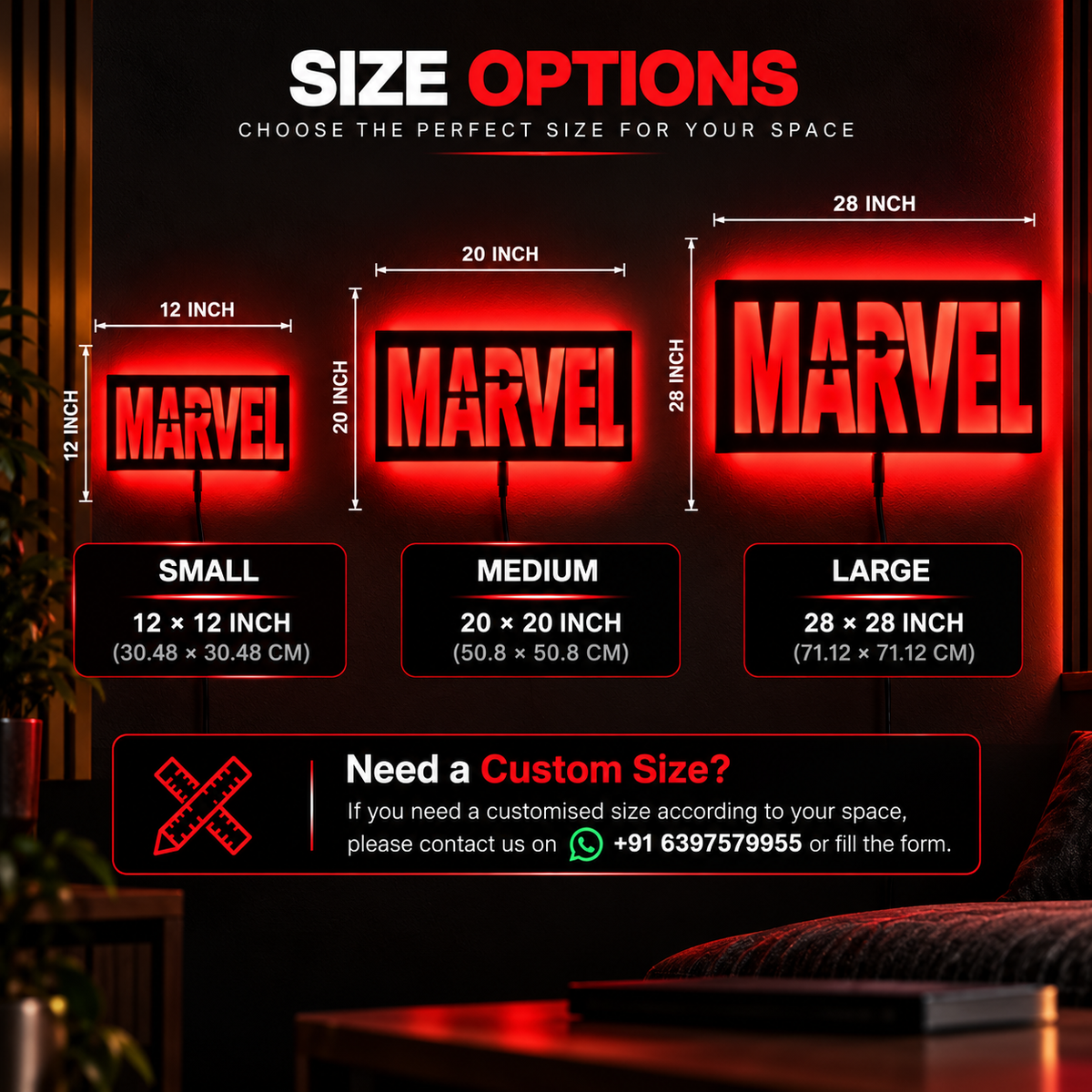 Marvel logo LED wall lamp with yellow lettering and vibrant red glowing background for superhero room decor
